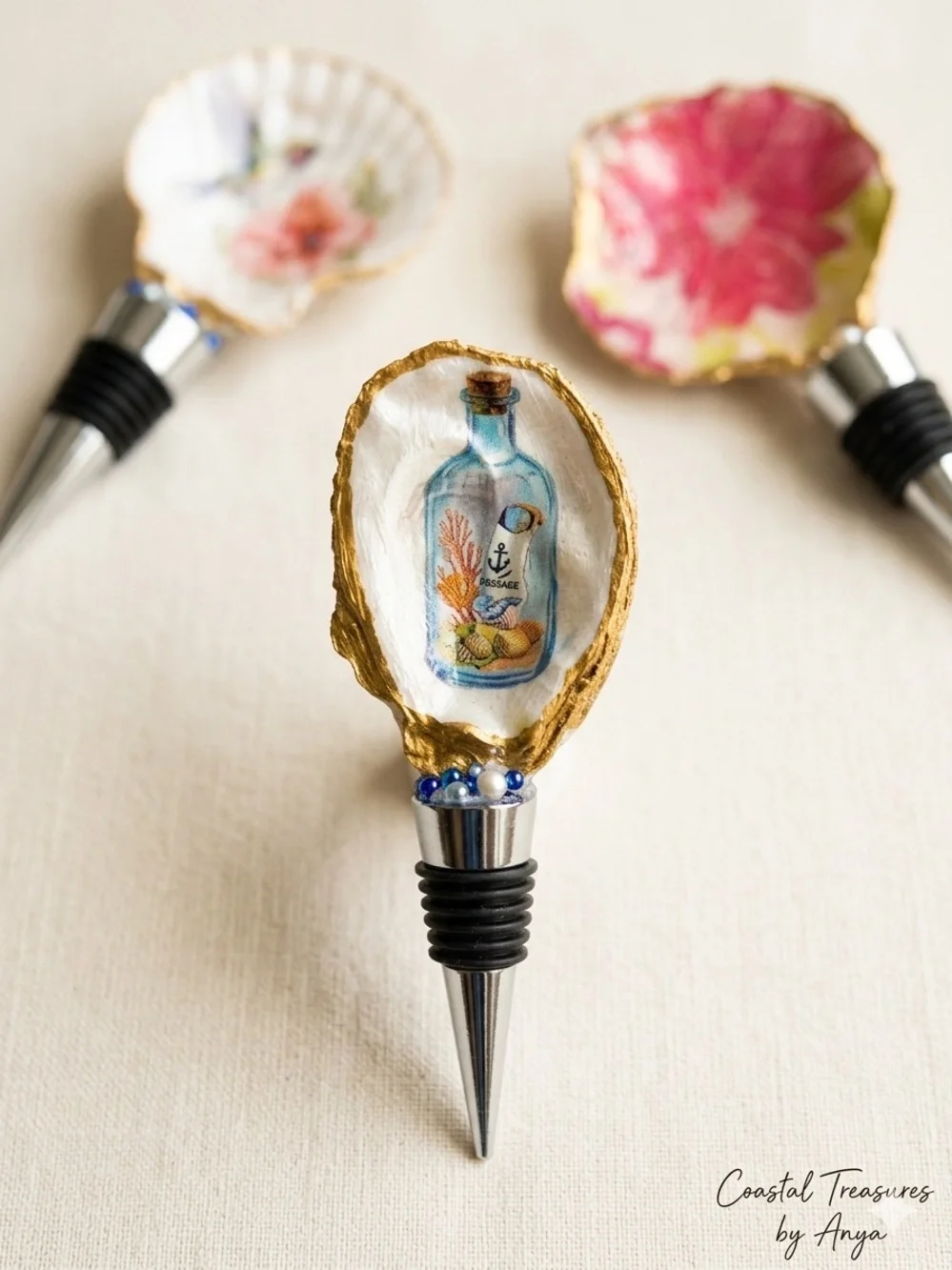 Gold-Trim Bottle Stopper with Blue Bottle Art —Handmade by Me